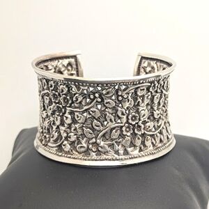 Wide Vintage Sterling Silver Floral Carved Cuff Bracelet